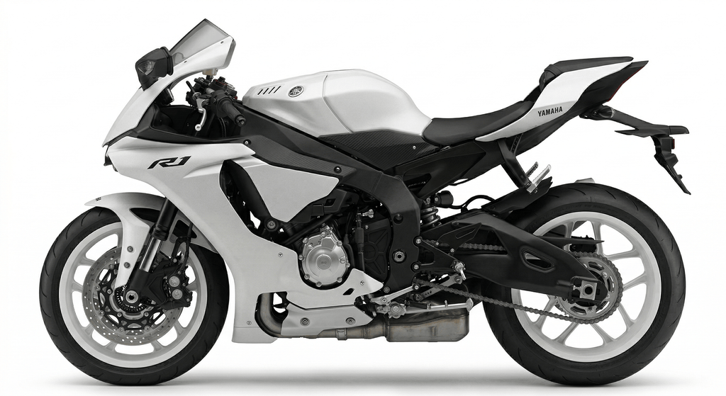 YAMAHA R1 motorcycle on a racetrack highlighting its performance capabilities.